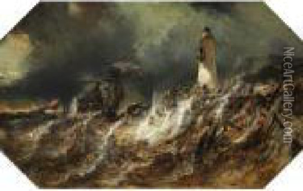 Vor Klippenufer Mit Leuchtturm Kenterndes Segelschiff Oil Painting - Eugene Isabey