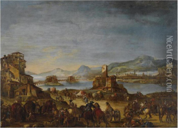 A River Landscape With Figures Preparing For Battle Oil Painting - Francesco Simonini