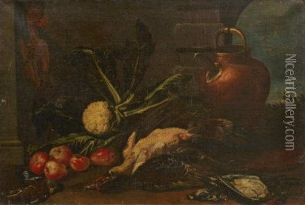 Koksstilleben Med Frukter, Gronsaker Och Faglar Oil Painting - Cristoforo Munari