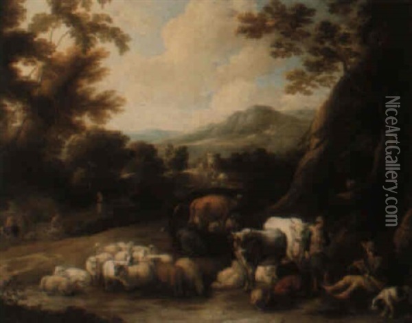 A Wooded Landscape With Herders Resting With Cattle And Sheep Oil Painting - Jacques d' Arthois
