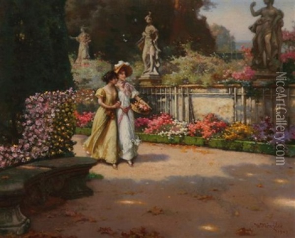 Stroll In A Flower-filled Garden Oil Painting - Wilhelm Menzler