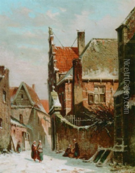 A Dutch Street Scen In Winter Oil Painting - Adrianus Eversen