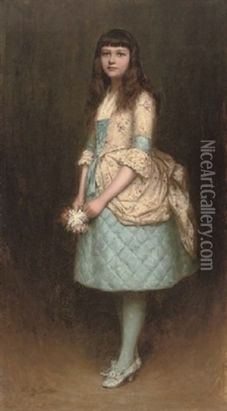 Portrait Of Eva Mackintosh In A Blue Dress With A Cream Flower Covered Bustle Swag And Bodice, Holding A Posy Of Flowers Oil Painting - Charles A. Sellar
