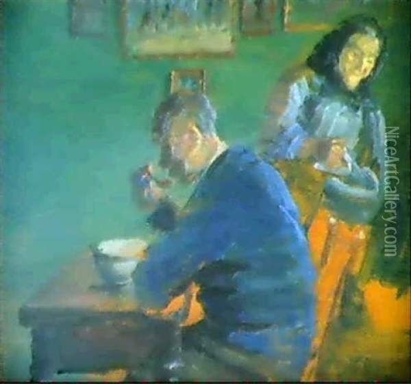 Interior Med Mand Der Spiser Og Kone Der Laver Mad Oil Painting - Anna Kirstine Ancher