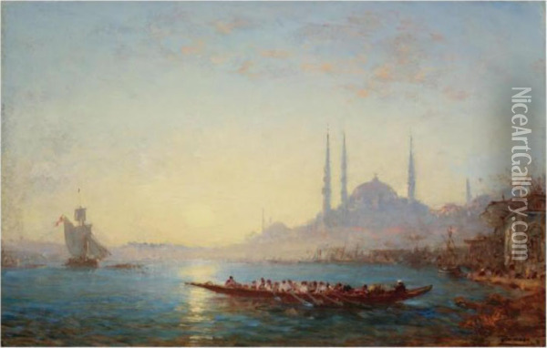 Sunset On The Bosphorus And The Hagia Sophia Oil Painting - Felix Ziem
