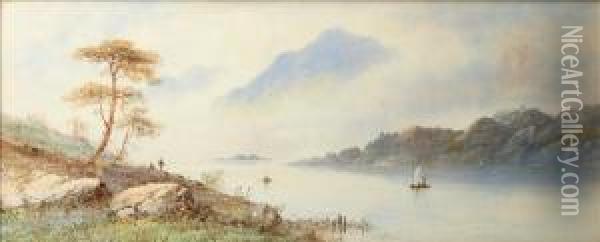 A Highlandlandscape, With Cottages A Mist Shrouded Highland Lock Oil Painting - Edwin Earp