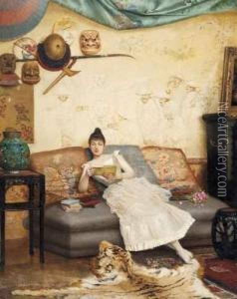 Jeune Femme Lisant Dans Un Interieur Japonisant Oil Painting - Georges Croegaert