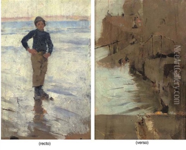 Boy On A Beach (+ The Slip, Sketch; Verso) Oil Painting - Stanhope Forbes