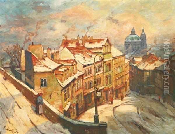 Nerudova Ulice V Zime Oil Painting - Iaro Prochazka