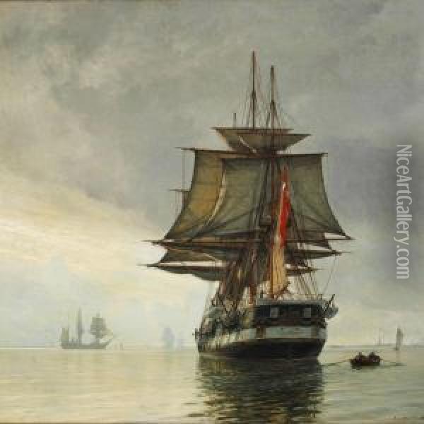 Stille Vejr I Sundet. 
- Fregatten Jylland Oil Painting - Christian Molsted
