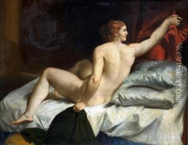 A Nude Woman Reclining On A Bed Oil Painting - Giovanni Lanfranco