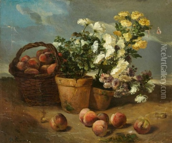 Nature Morte Aux Peches Et Aux Chrysanthemes Oil Painting - Philippe Rousseau