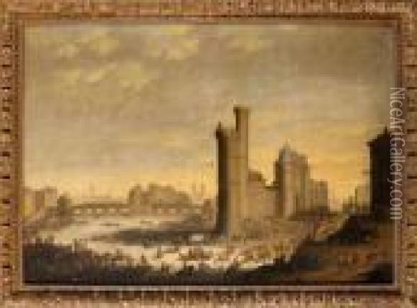 Paris Vue De La Seine, Notre Dame, Le Pont Neuf Et A Droite La Tourde Nesle Oil Painting - Peeter Bout