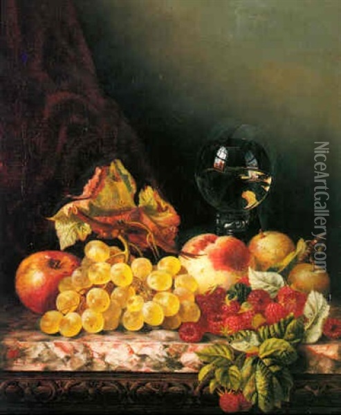 Still Life With Fruit On A Marble Ledge Oil Painting - Edward Ladell