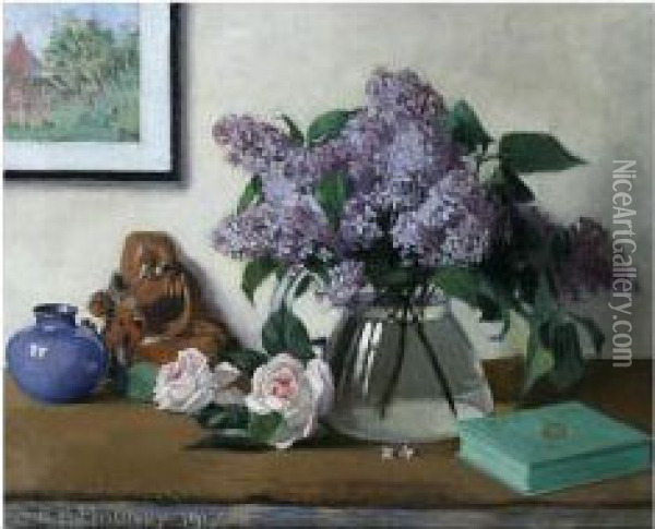 Still Life With Lilacs In A Glass Vase Oil Painting - Edward Hartley Mooney