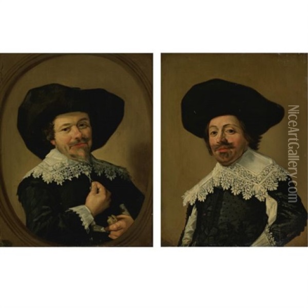 Portrait Of A Man Pulling On The Tassels Of His Collar (+ Portrait Of A Man With A Broad-brimmed Hat; Pair) Oil Painting - Frans Hals