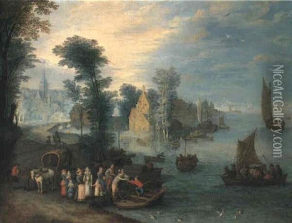 River Landscape With Townsfolk Disembarking From A Ferry Oil Painting - Joseph van Bredael