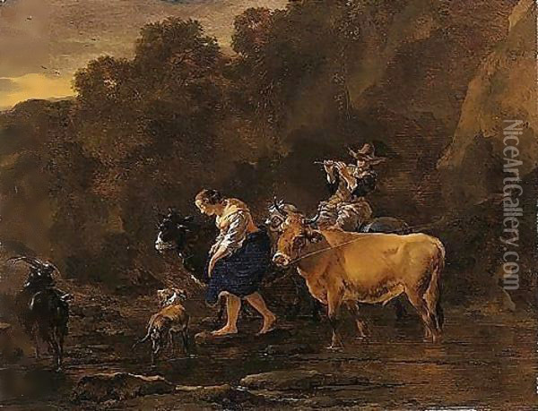 An Evening Landscape With Drovers Fording A Stream Oil Painting - Nicolaes Berchem