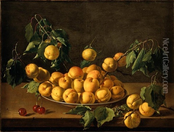 Still Life Of Apricots In A Ceramic Bowl, With Branches Of Apricots And Their Foliage Protruding Outwards, Together With Cherries And A Single Branch Of Apricots, All Arranged Upon A Plain Table Top Oil Painting - Luis Melendez