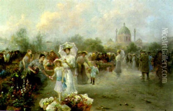 At The Flower Sellers Oil Painting - Emil Barbarini