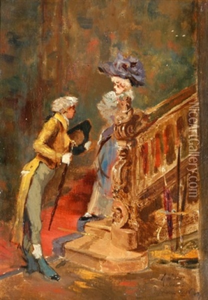 Treppenaufgang Mit Galantem Paar Oil Painting - Georges Jules Auguste Cain
