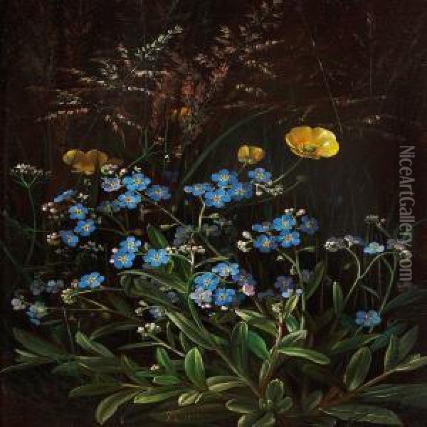 Buttercups And Forget-me-nots In The Forest Floor Oil Painting - I.L. Jensen