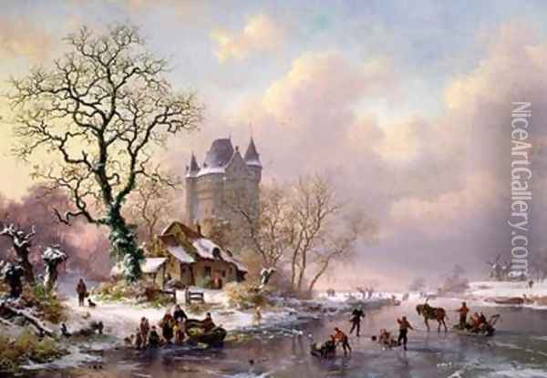 Winter Landscape with a Castle Oil Painting - Frederick Marianus Kruseman