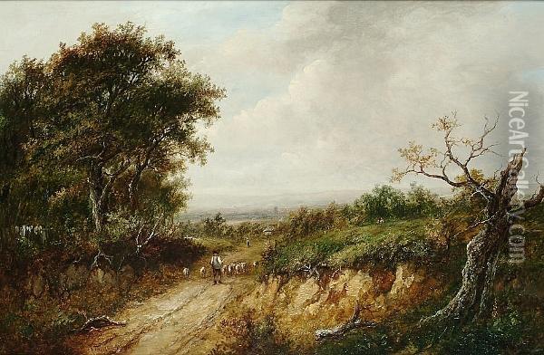 A Shepherd And His Flock On A Country Lane, A Village Beyond Oil Painting - Joseph Thors