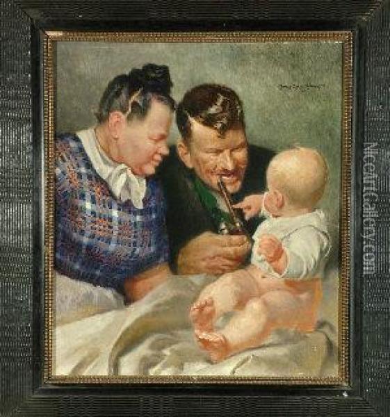 An Austrian Couple Admiring A Baby Oil Painting - Josef Danilowatz