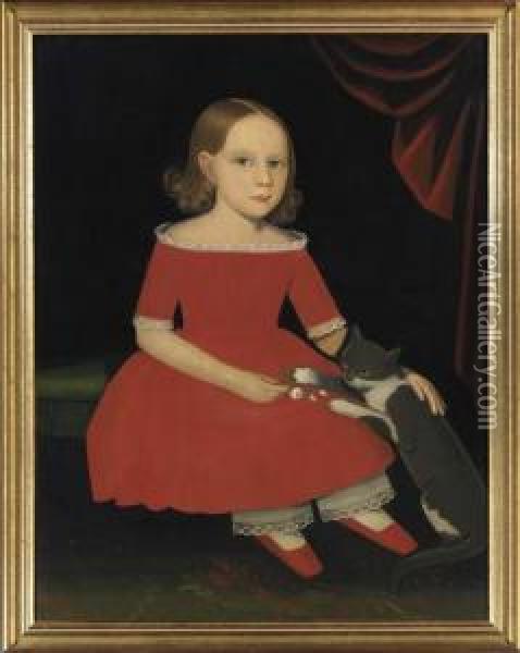 Portrait Of A Young Girl And Her Cat Oil Painting - Ammi Phillips