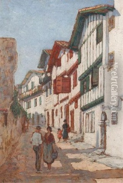 A Street Scene With Figures Before Timber Framed Houses Oil Painting - Louis Floutier