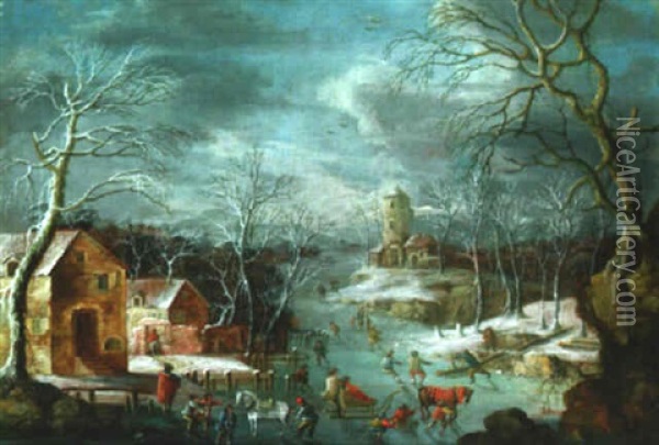Winter Landscape With Skaters On A Frozen River Oil Painting - Dirk Dalens III