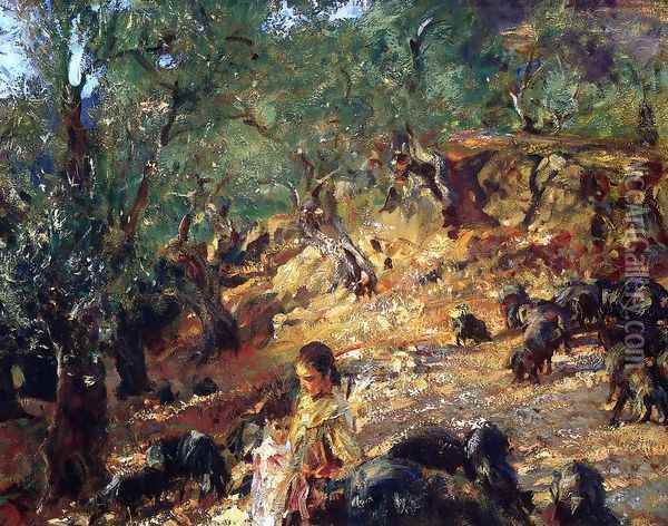 Ilex Wood At Majorca With Blue Pigs Oil Painting - John Singer Sargent