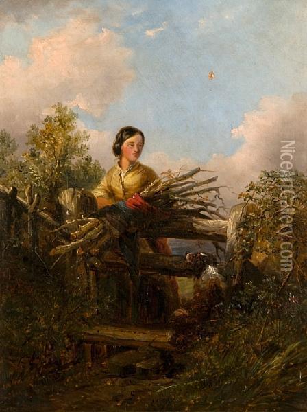 Girl Gathering Firewood Beside A Stile Oil Painting - Thomas Smythe