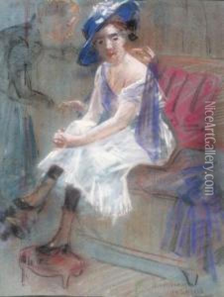 A Lady Seated On A Sofa- A Study Oil Painting - Simon Maris