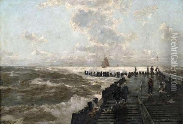 On A Jetty At Rough Seaunder Cloudy Sky Oil Painting - Erwin Carl Wilhelm Gunther