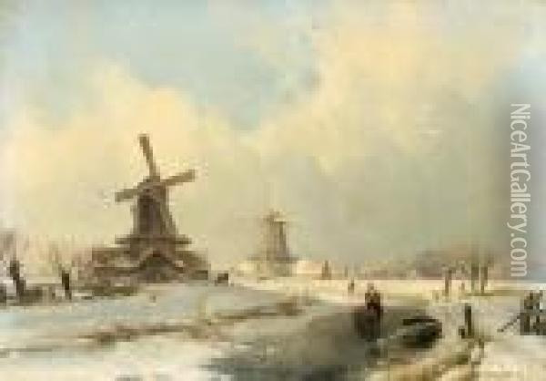 Winter Landscape With Two Windmills Oil Painting - Andreas Schelfhout