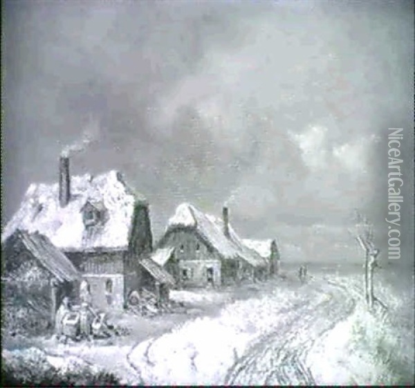 Winterliches Dorf (die Hauser Von Forsteried) Oil Painting - Heinrich Buerkel