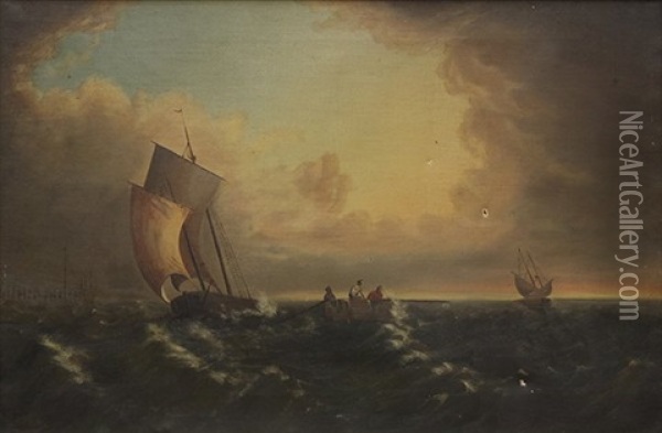 Figures In Row Boat With Ships In Rough Seas Oil Painting - Julius Caesar Ibbetson