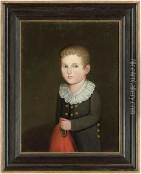 Portrait Of A Young Blond Boy In
 A Buttoned Navy Blue Jacket And Ruffled Collar, Holding A Red 
Drawstring Gunnysack Oil Painting - Zedekiah Belknap