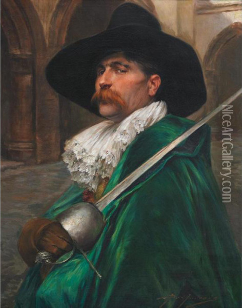 Musketeer In A Green Cape On Guard Oil Painting - Alex De Andreis