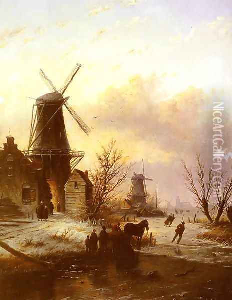 Skaters on a Frozen River I Oil Painting - Jan Jacob Coenraad Spohler