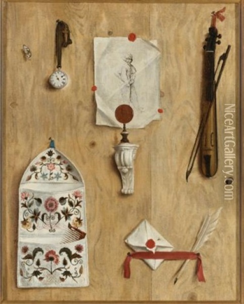 Trompe L'oeil With An Engraving, Pocket Watch, Quill Pen, Pochette, And Letter Holder Oil Painting - Gabriel (Gaspard) Gresly