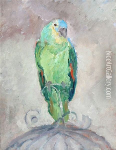 A Parrot Sitting On Top Of Its Cage Oil Painting - Julius Paulsen