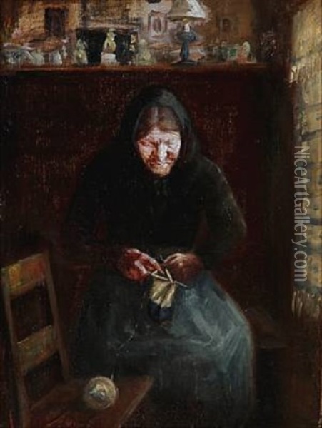 Interior With A Knitting Woman Oil Painting - Anna Kirstine Ancher