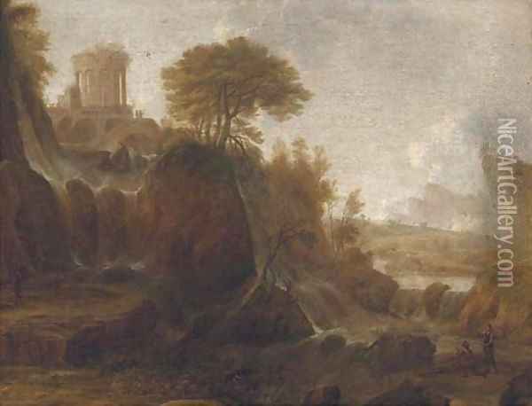 Figures by a waterfall in a classical landscape Oil Painting - Claude Lorrain (Gellee)