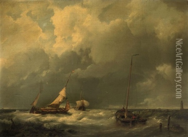 Coastal Scene With Fishing Vessels Oil Painting - Hermanus Koekkoek the Elder