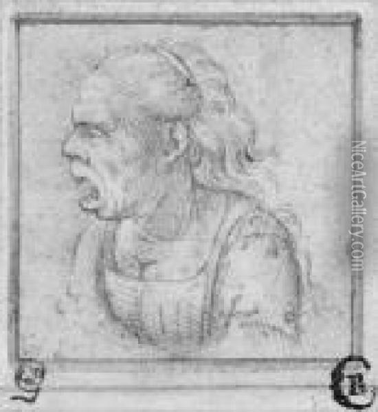 Caricature Of An Old Woman In Profile To The Left,bust-length Oil Painting - Leonardo Da Vinci