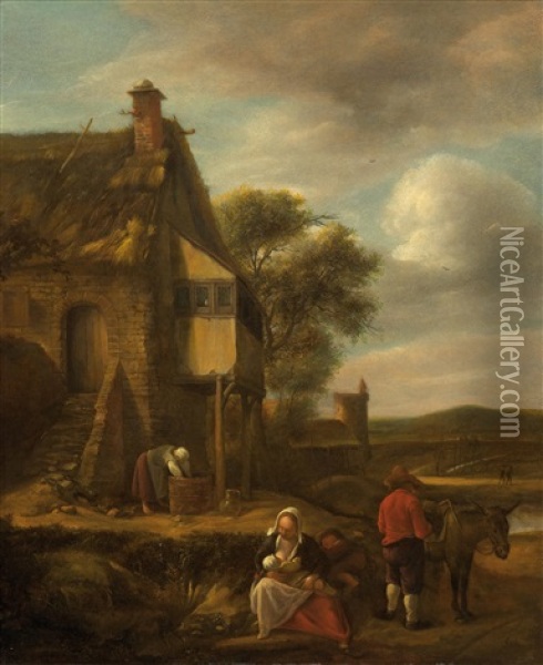 Travellers Resting Before A Village Oil Painting - Jan Steen