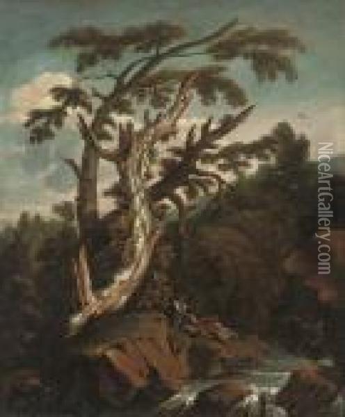 A Wooded River Landscape With Figures On A Bank Oil Painting - Salvator Rosa